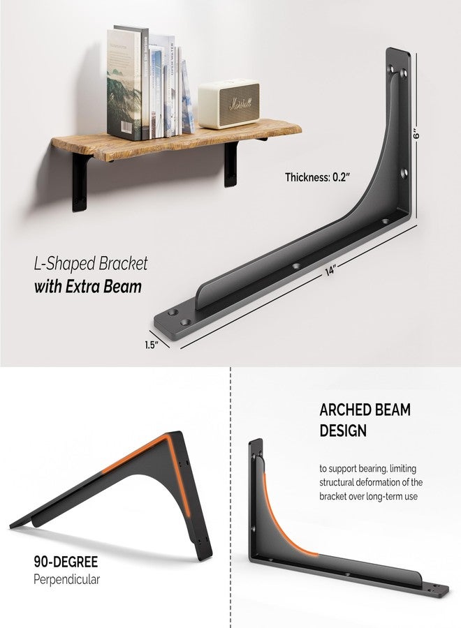 BATODA 14” Shelf Brackets with Beam (4pcs) - L Shelf Brackets Black - Hook Brackets for Floating Shelves - Wall Mounted Support for DIY Open Shelving - Mounting Hardware Included (Pack 4) (4, 14 Inch) - Image 2